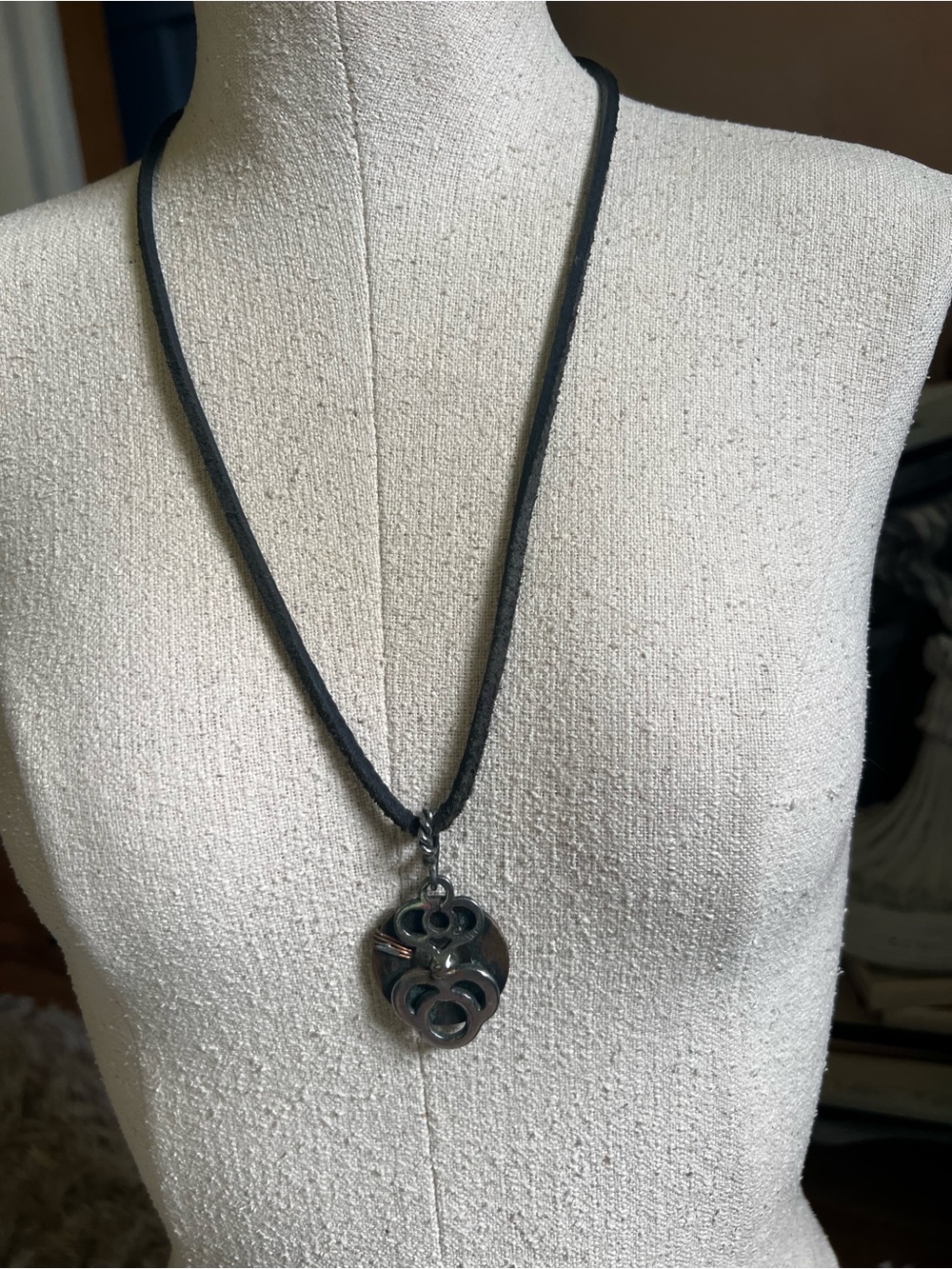 Steampunk Medallion Leather Cord Twisted Metal Clasp Necklace